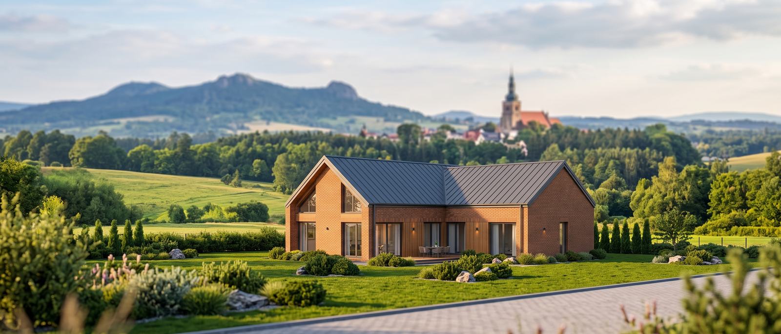 Dom murowany z cegły na tle panoramy miasteczka z wieżą kościoła i wzgórz Dolnego Śląska